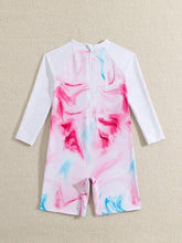 Young Girl Tie-Dye Letter Print Round Neck Raglan Sleeve Long Sleeve Casual Graphic One-Piece Swimsuit With Shorts